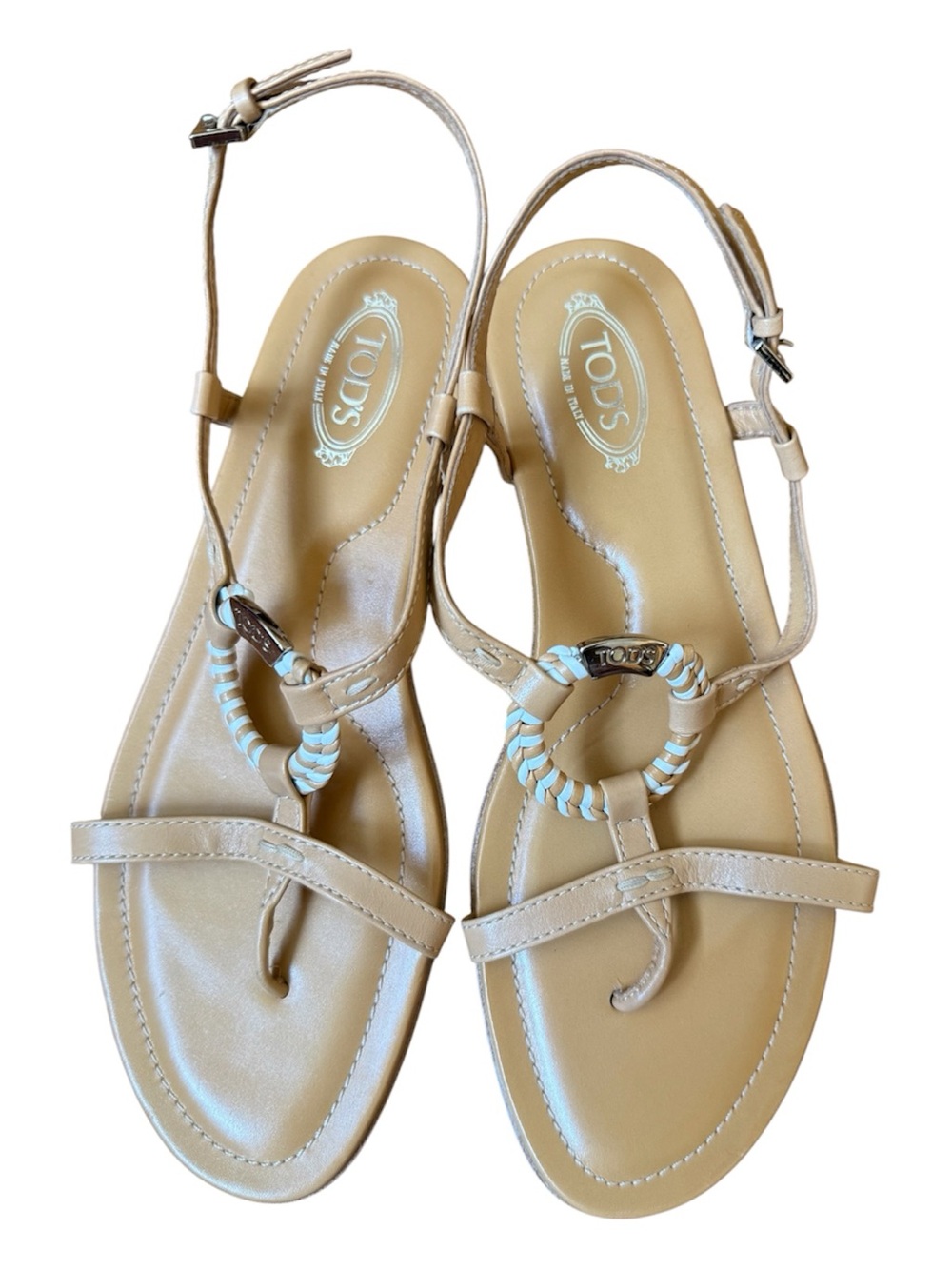 TOD'S Tan Braided Ring Leather Slingback Sandals with Mint Accent